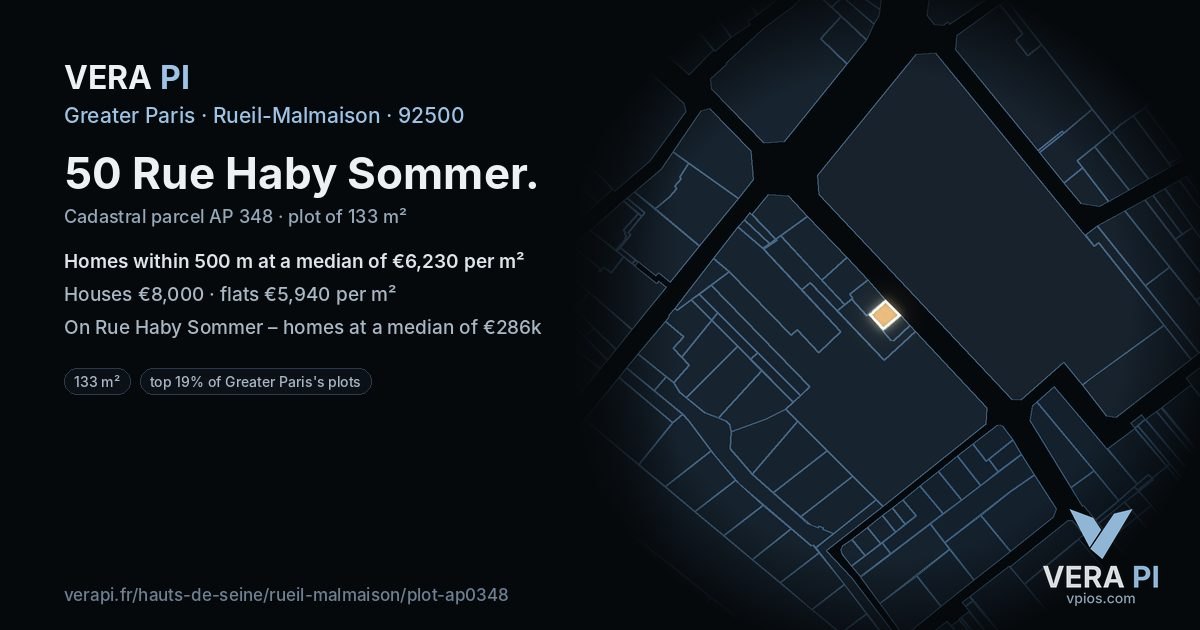 50 Rue Haby Sommer, Rueil-Malmaison at night – the plot lit, the parcels around coloured by the prices near them