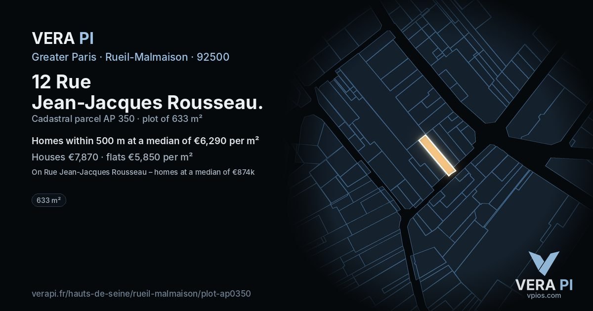12 Rue Jean-Jacques Rousseau, Rueil-Malmaison at night – the plot lit, the parcels around coloured by the prices near them