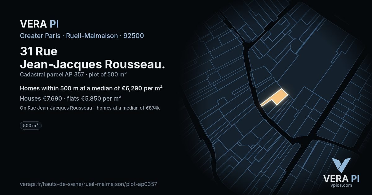 31 Rue Jean-Jacques Rousseau, Rueil-Malmaison at night – the plot lit, the parcels around coloured by the prices near them