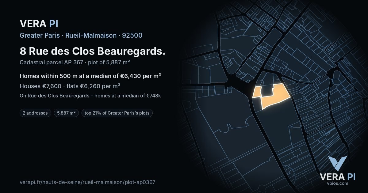 8 Rue des Clos Beauregards, Rueil-Malmaison at night – the plot lit, the parcels around coloured by the prices near them