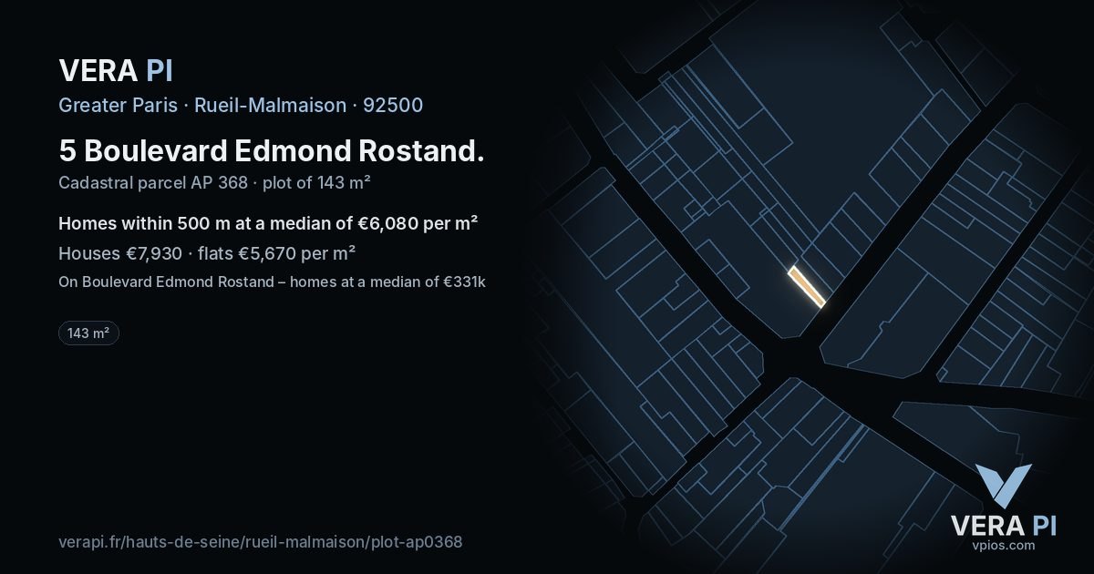 5 Boulevard Edmond Rostand, Rueil-Malmaison at night – the plot lit, the parcels around coloured by the prices near them