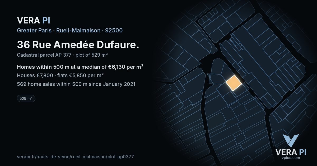 36 Rue Amedée Dufaure, Rueil-Malmaison at night – the plot lit, the parcels around coloured by the prices near them