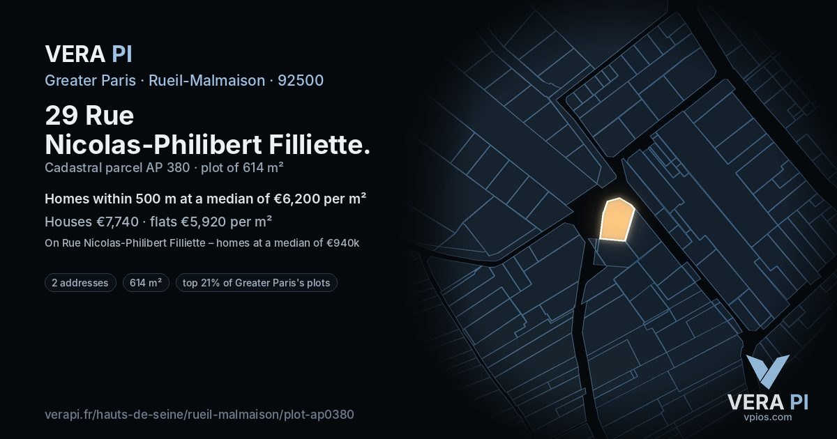 29 Rue Nicolas-Philibert Filliette, Rueil-Malmaison at night – the plot lit, the parcels around coloured by the prices near them
