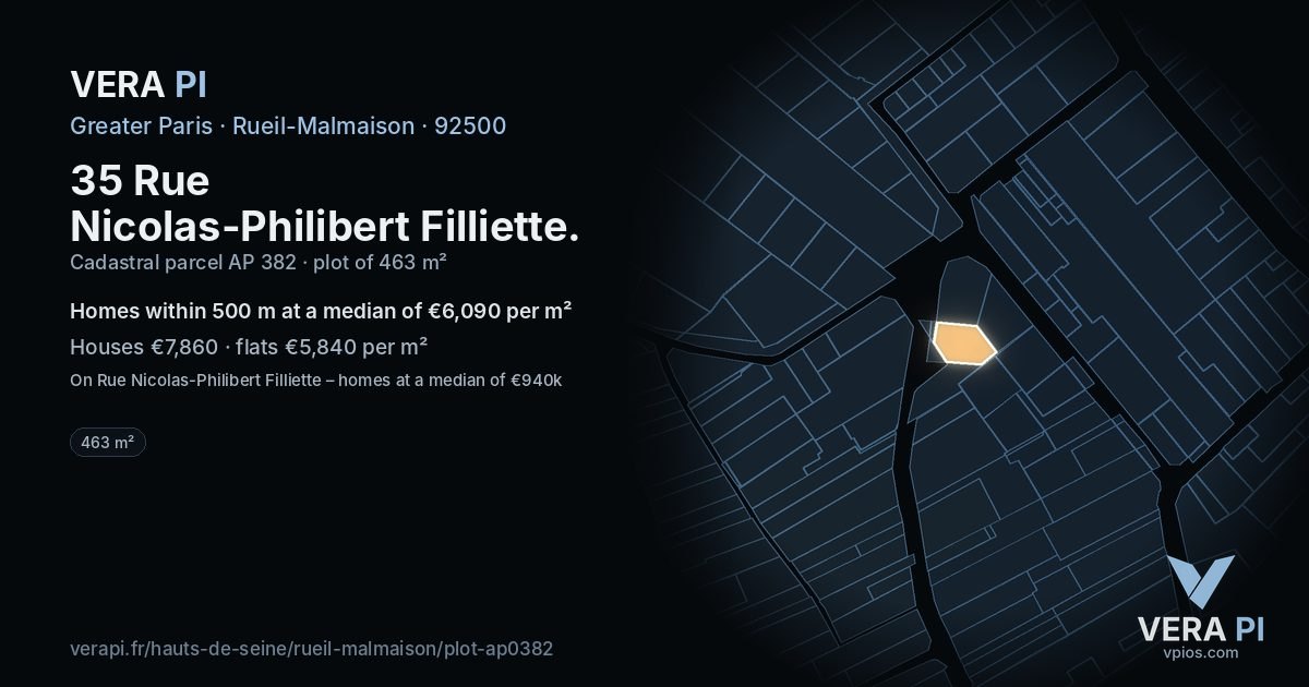35 Rue Nicolas-Philibert Filliette, Rueil-Malmaison at night – the plot lit, the parcels around coloured by the prices near them