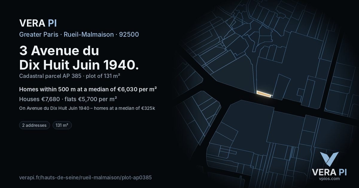 3 Avenue du Dix Huit Juin 1940, Rueil-Malmaison at night – the plot lit, the parcels around coloured by the prices near them