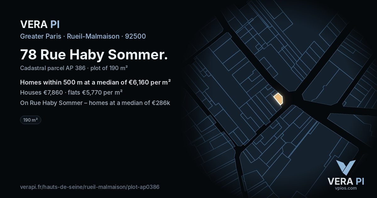 78 Rue Haby Sommer, Rueil-Malmaison at night – the plot lit, the parcels around coloured by the prices near them