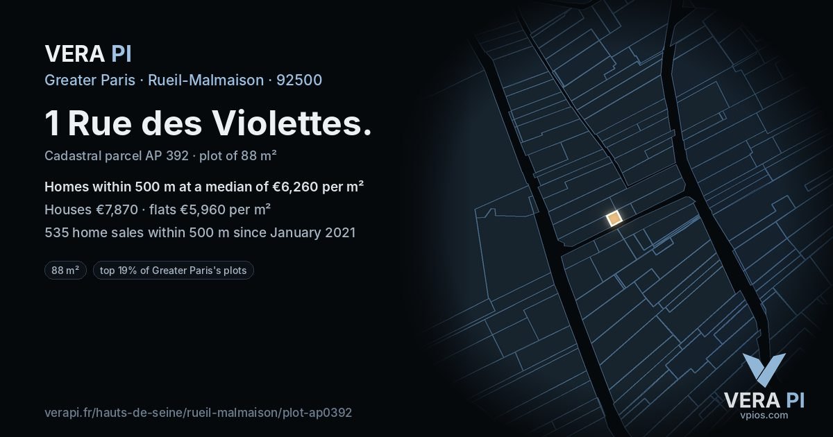 1 Rue des Violettes, Rueil-Malmaison at night – the plot lit, the parcels around coloured by the prices near them