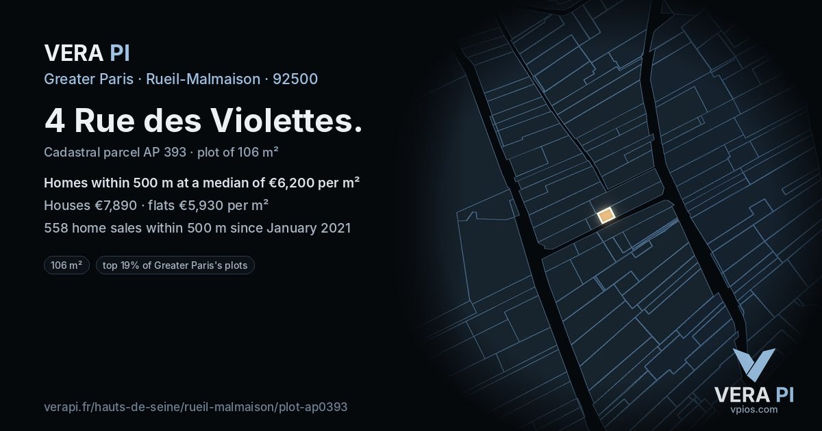 4 Rue des Violettes, Rueil-Malmaison at night – the plot lit, the parcels around coloured by the prices near them