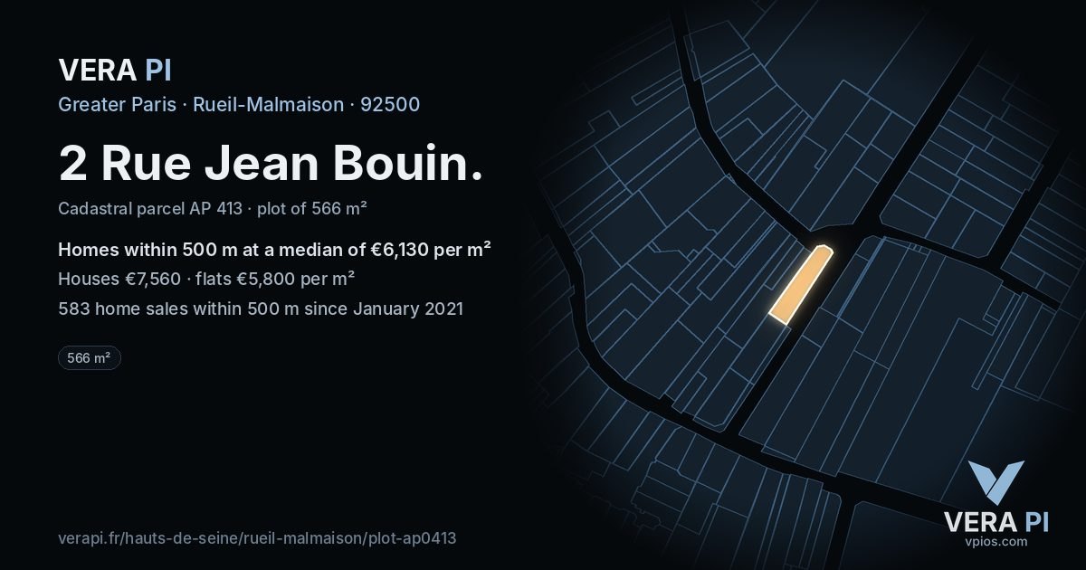 2 Rue Jean Bouin, Rueil-Malmaison at night – the plot lit, the parcels around coloured by the prices near them