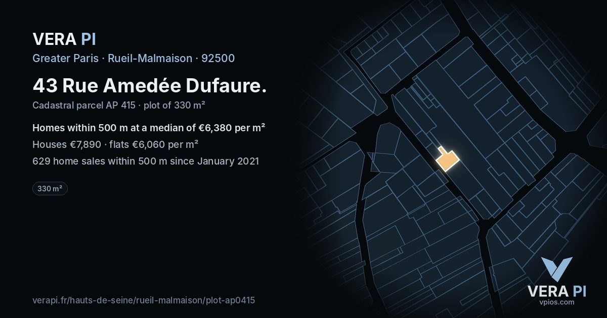 43 Rue Amedée Dufaure, Rueil-Malmaison at night – the plot lit, the parcels around coloured by the prices near them