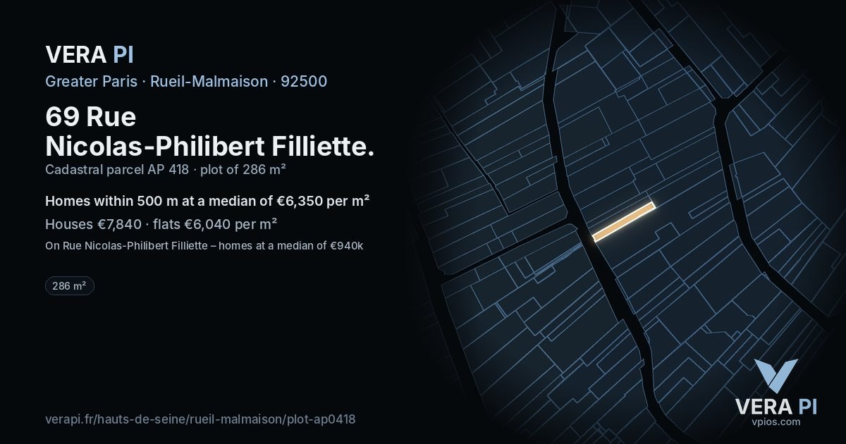 69 Rue Nicolas-Philibert Filliette, Rueil-Malmaison at night – the plot lit, the parcels around coloured by the prices near them