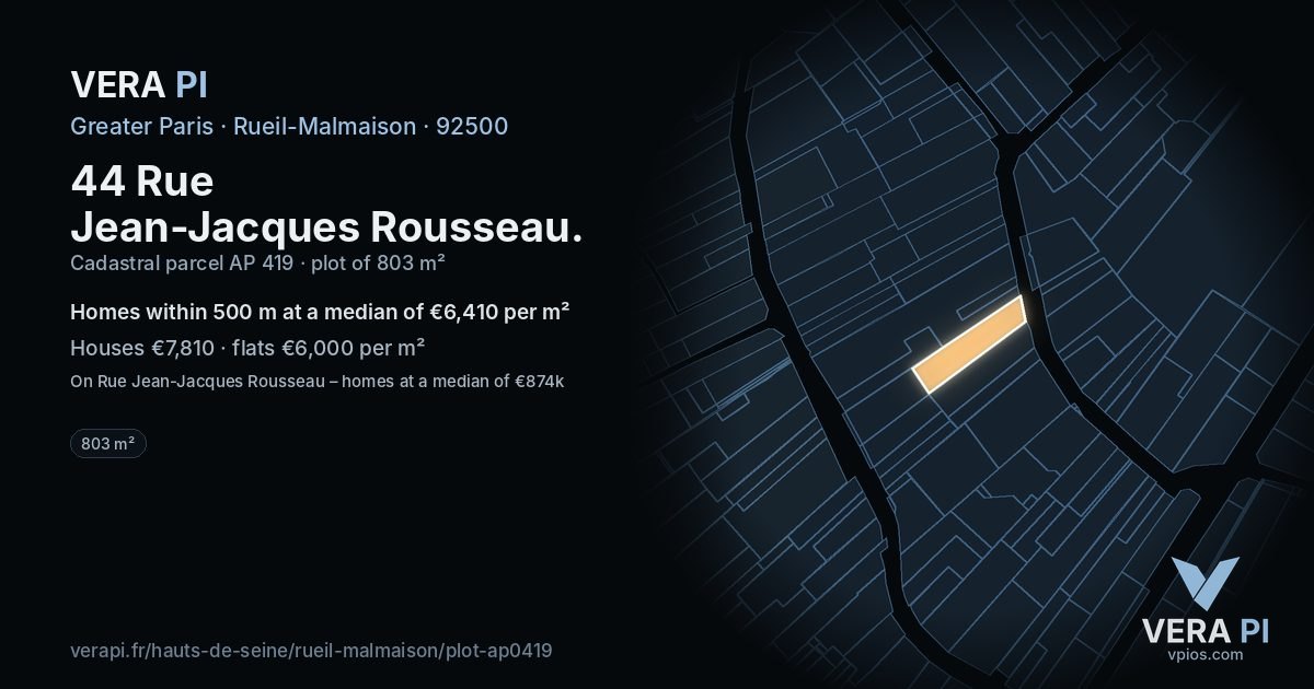 44 Rue Jean-Jacques Rousseau, Rueil-Malmaison at night – the plot lit, the parcels around coloured by the prices near them