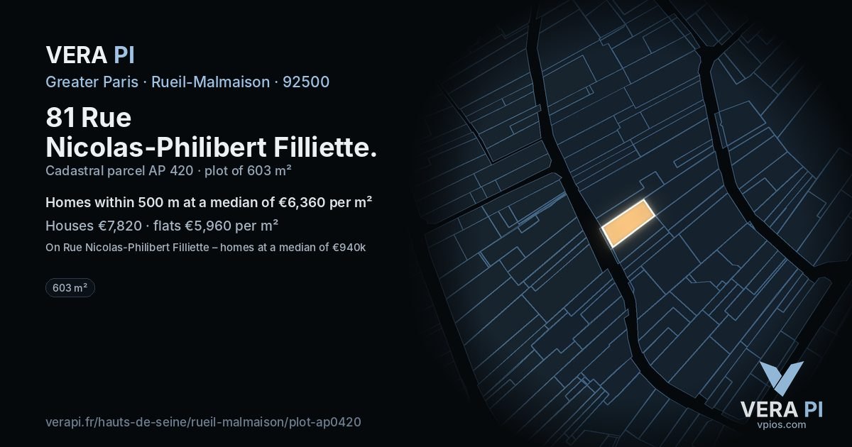 81 Rue Nicolas-Philibert Filliette, Rueil-Malmaison at night – the plot lit, the parcels around coloured by the prices near them
