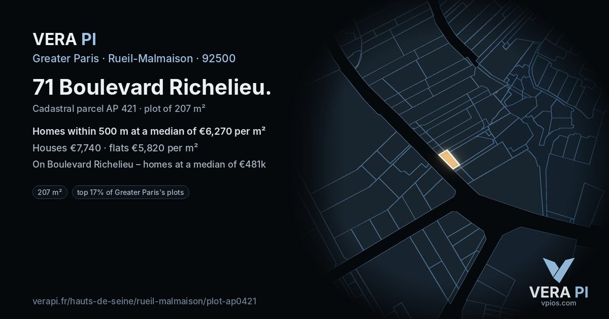 71 Boulevard Richelieu, Rueil-Malmaison at night – the plot lit, the parcels around coloured by the prices near them