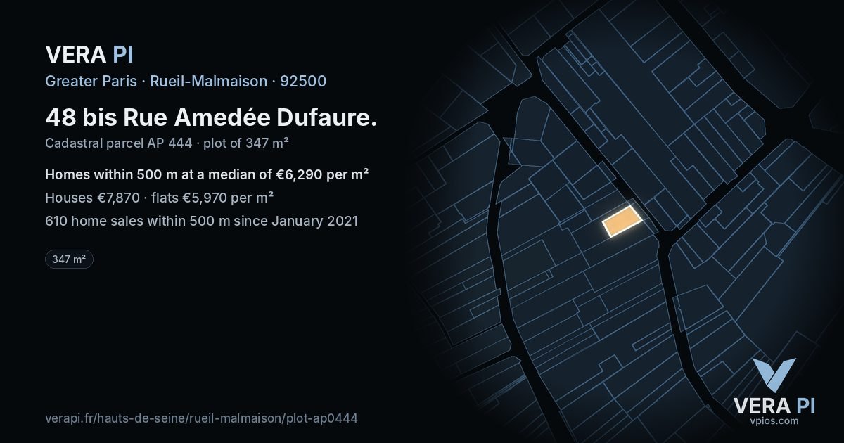 48 bis Rue Amedée Dufaure, Rueil-Malmaison at night – the plot lit, the parcels around coloured by the prices near them
