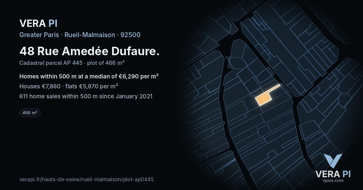 48 Rue Amedée Dufaure, Rueil-Malmaison at night – the plot lit, the parcels around coloured by the prices near them