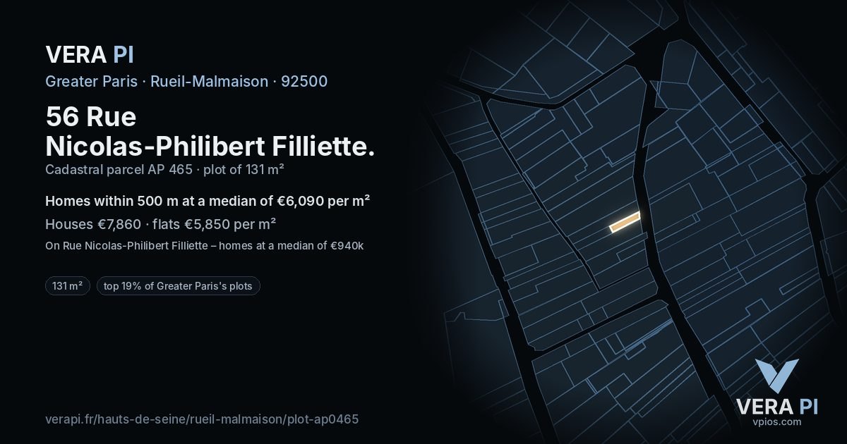 56 Rue Nicolas-Philibert Filliette, Rueil-Malmaison at night – the plot lit, the parcels around coloured by the prices near them