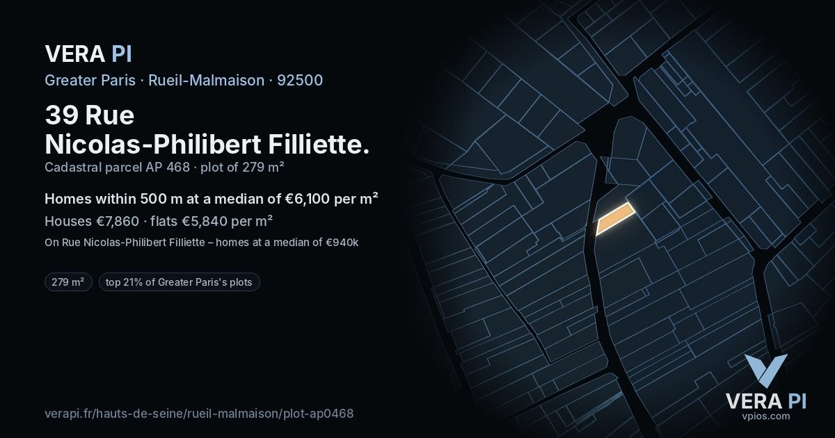39 Rue Nicolas-Philibert Filliette, Rueil-Malmaison at night – the plot lit, the parcels around coloured by the prices near them