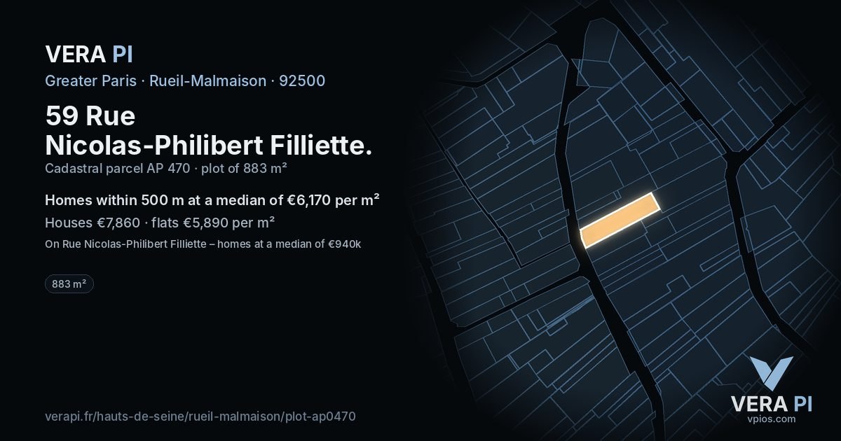 59 Rue Nicolas-Philibert Filliette, Rueil-Malmaison at night – the plot lit, the parcels around coloured by the prices near them