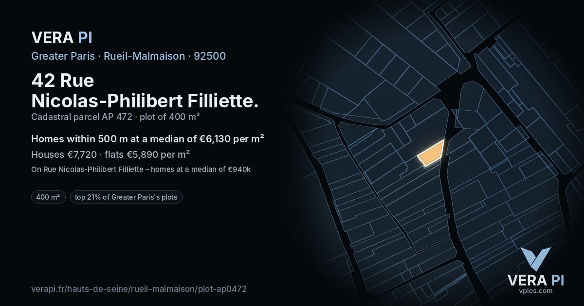 42 Rue Nicolas-Philibert Filliette, Rueil-Malmaison at night – the plot lit, the parcels around coloured by the prices near them