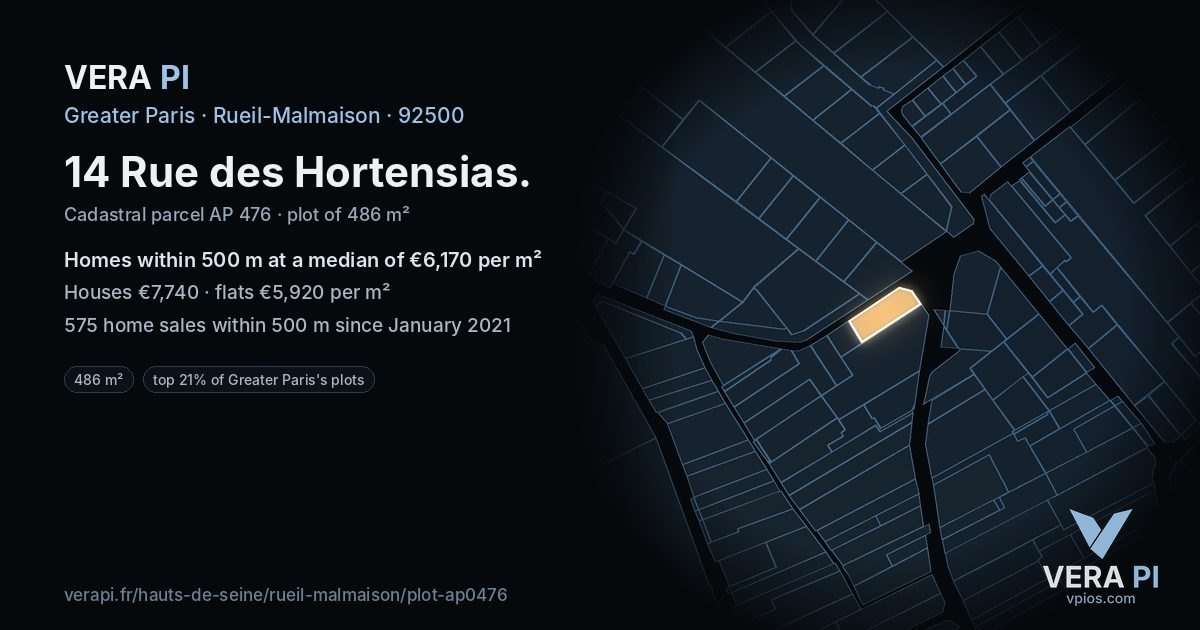 14 Rue des Hortensias, Rueil-Malmaison at night – the plot lit, the parcels around coloured by the prices near them