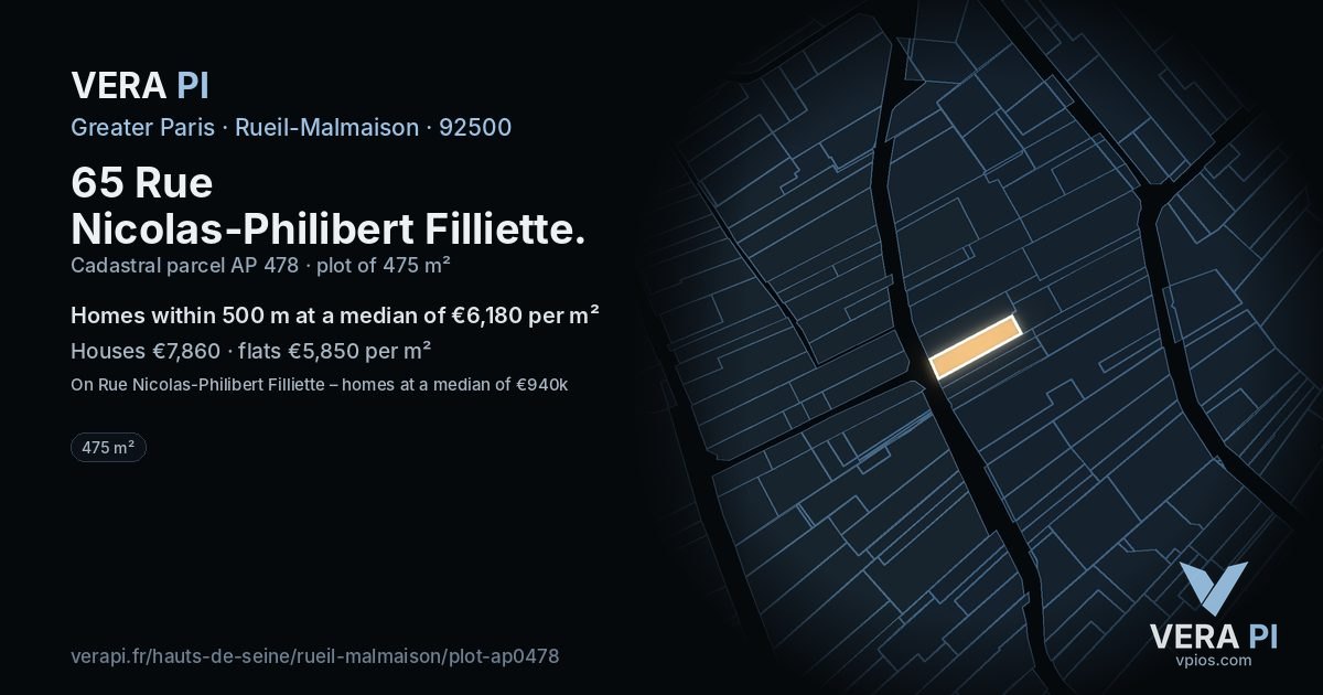 65 Rue Nicolas-Philibert Filliette, Rueil-Malmaison at night – the plot lit, the parcels around coloured by the prices near them