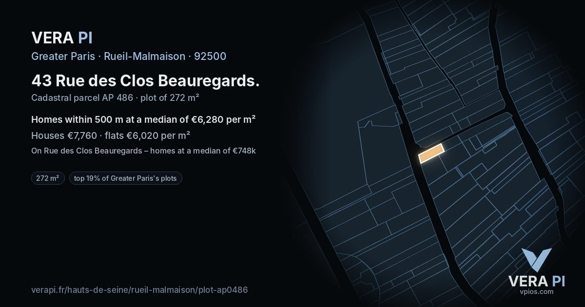 43 Rue des Clos Beauregards, Rueil-Malmaison at night – the plot lit, the parcels around coloured by the prices near them