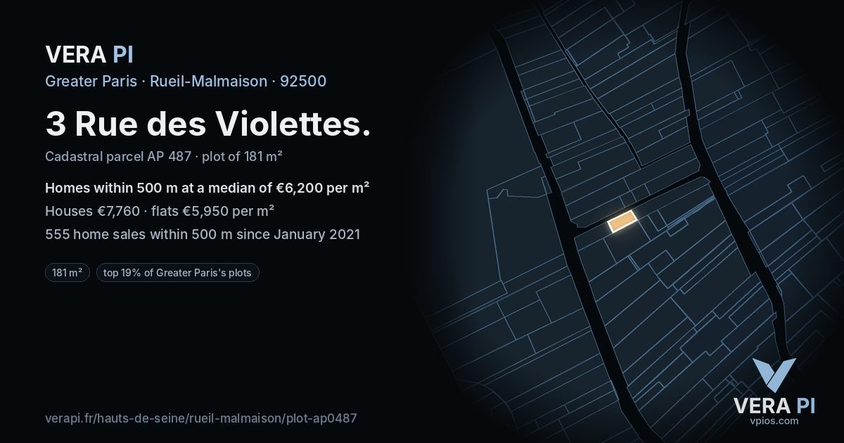 3 Rue des Violettes, Rueil-Malmaison at night – the plot lit, the parcels around coloured by the prices near them