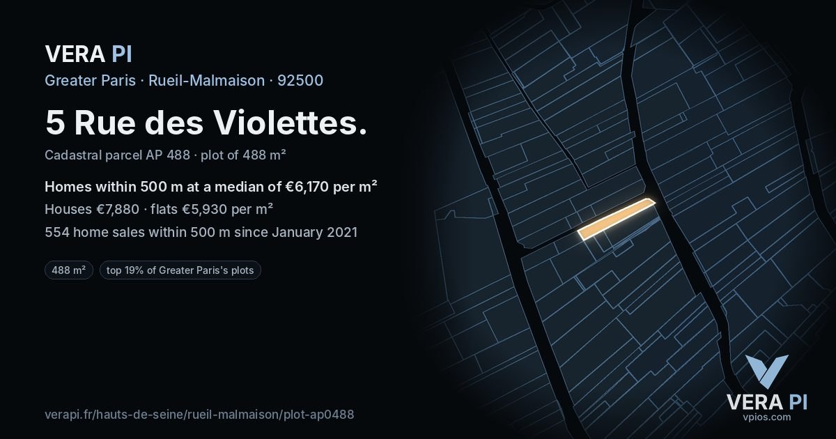5 Rue des Violettes, Rueil-Malmaison at night – the plot lit, the parcels around coloured by the prices near them