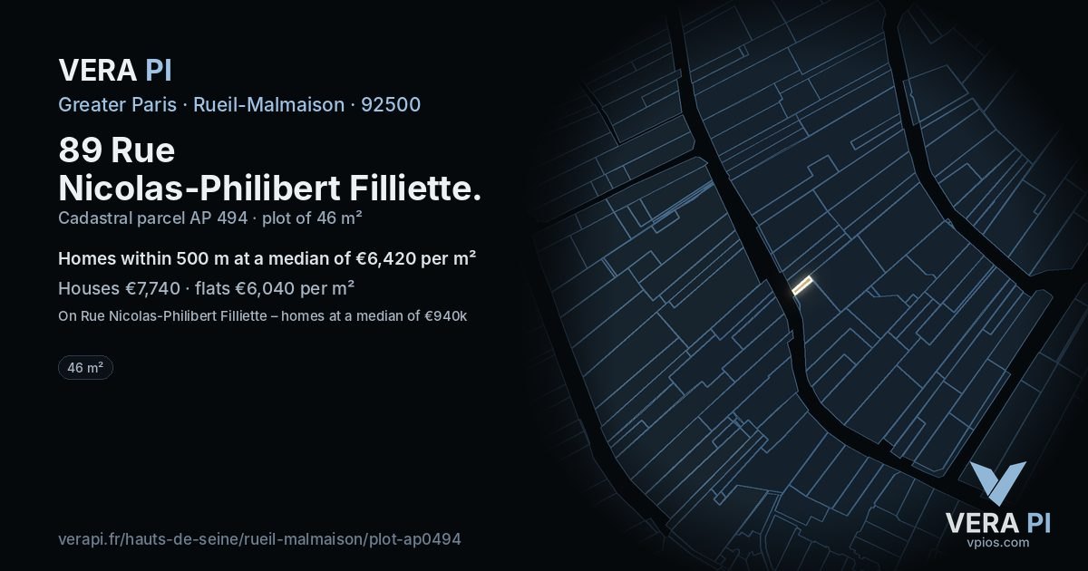 89 Rue Nicolas-Philibert Filliette, Rueil-Malmaison at night – the plot lit, the parcels around coloured by the prices near them