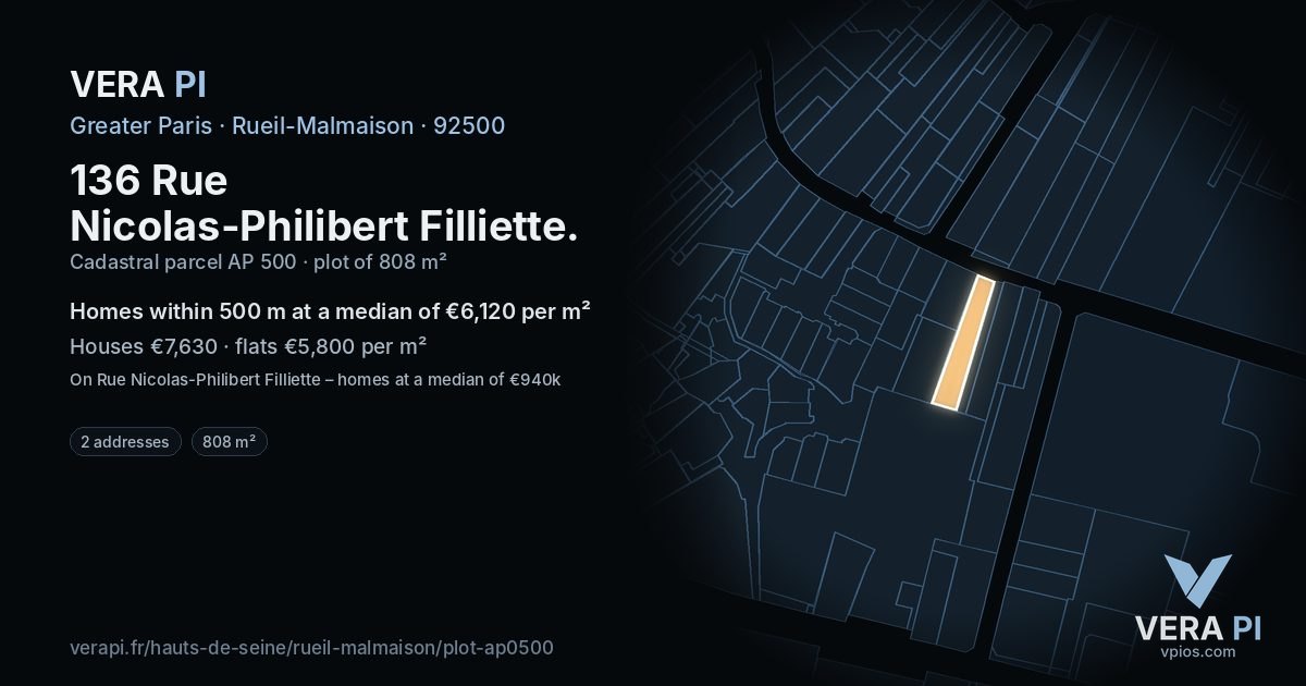 136 Rue Nicolas-Philibert Filliette, Rueil-Malmaison at night – the plot lit, the parcels around coloured by the prices near them