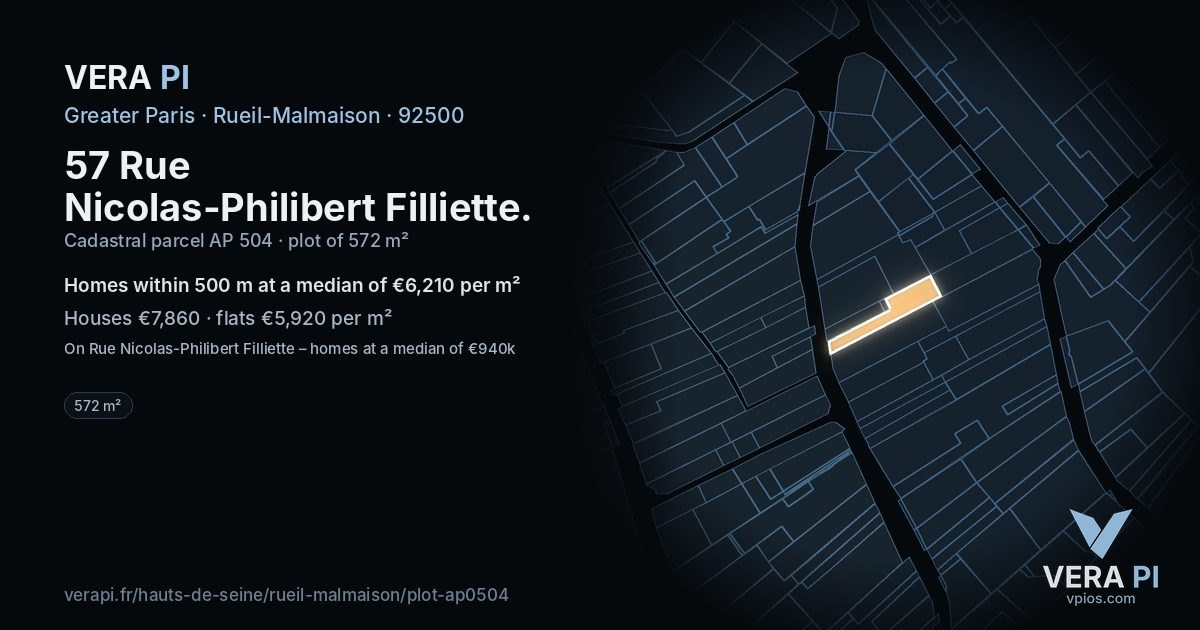 57 Rue Nicolas-Philibert Filliette, Rueil-Malmaison at night – the plot lit, the parcels around coloured by the prices near them