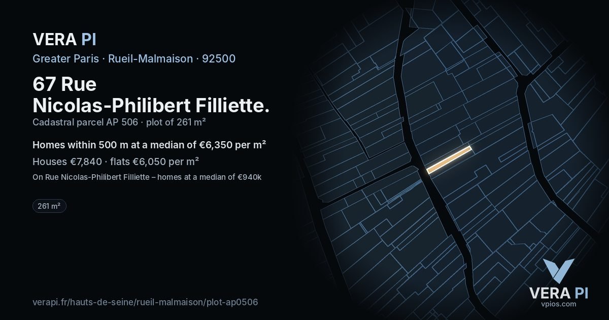 67 Rue Nicolas-Philibert Filliette, Rueil-Malmaison at night – the plot lit, the parcels around coloured by the prices near them