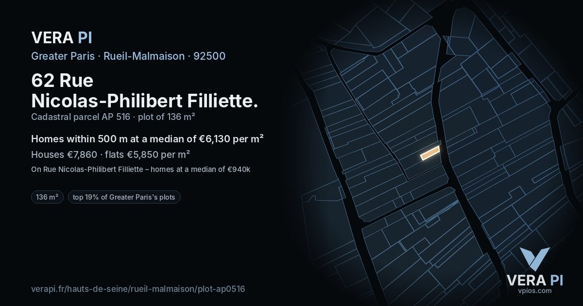 62 Rue Nicolas-Philibert Filliette, Rueil-Malmaison at night – the plot lit, the parcels around coloured by the prices near them