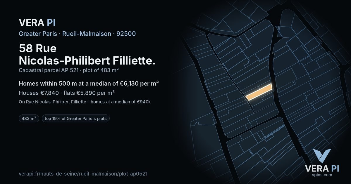 58 Rue Nicolas-Philibert Filliette, Rueil-Malmaison at night – the plot lit, the parcels around coloured by the prices near them