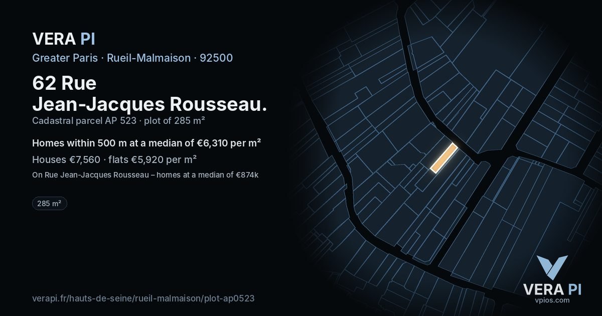 62 Rue Jean-Jacques Rousseau, Rueil-Malmaison at night – the plot lit, the parcels around coloured by the prices near them