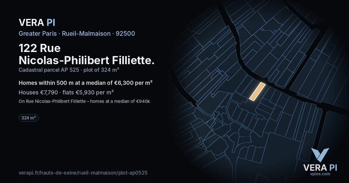 122 Rue Nicolas-Philibert Filliette, Rueil-Malmaison at night – the plot lit, the parcels around coloured by the prices near them