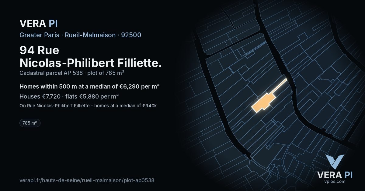 94 Rue Nicolas-Philibert Filliette, Rueil-Malmaison at night – the plot lit, the parcels around coloured by the prices near them