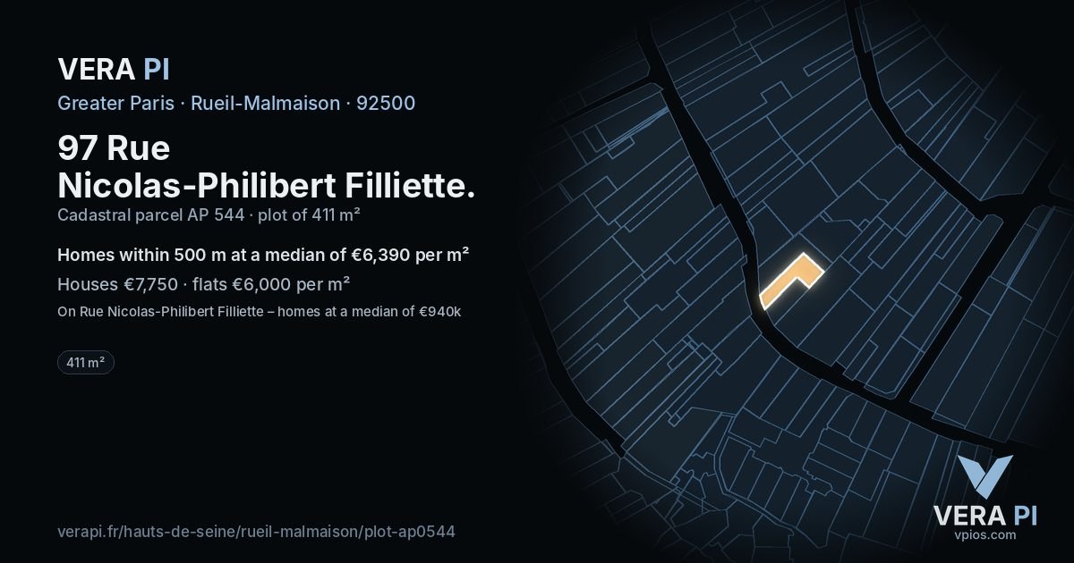 97 Rue Nicolas-Philibert Filliette, Rueil-Malmaison at night – the plot lit, the parcels around coloured by the prices near them