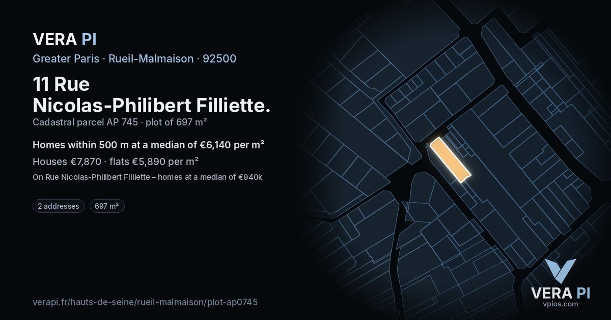11 Rue Nicolas-Philibert Filliette, Rueil-Malmaison at night – the plot lit, the parcels around coloured by the prices near them