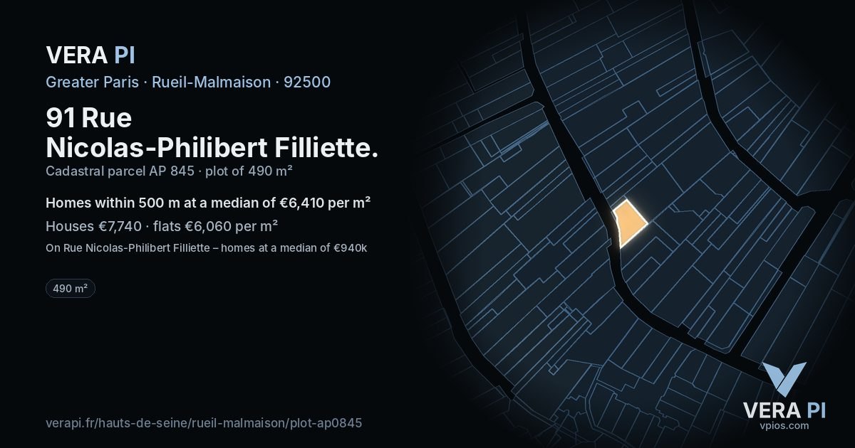 91 Rue Nicolas-Philibert Filliette, Rueil-Malmaison at night – the plot lit, the parcels around coloured by the prices near them