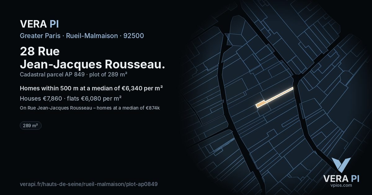 28 Rue Jean-Jacques Rousseau, Rueil-Malmaison at night – the plot lit, the parcels around coloured by the prices near them