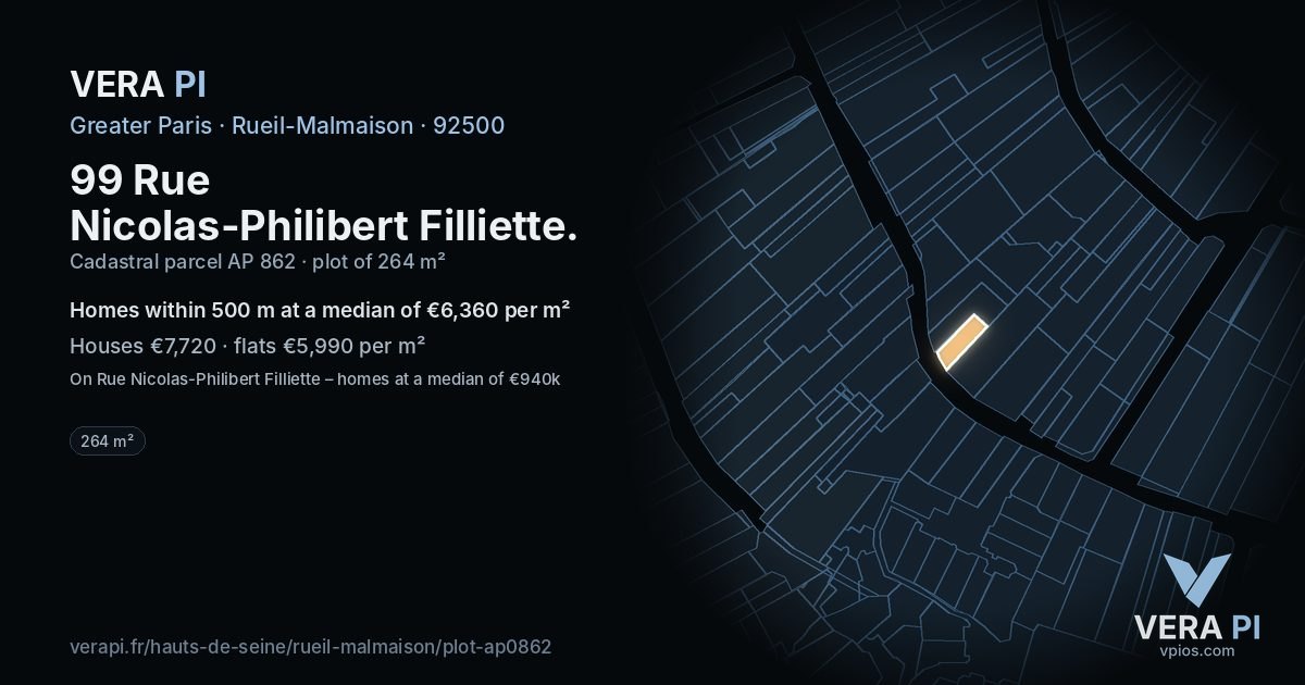99 Rue Nicolas-Philibert Filliette, Rueil-Malmaison at night – the plot lit, the parcels around coloured by the prices near them