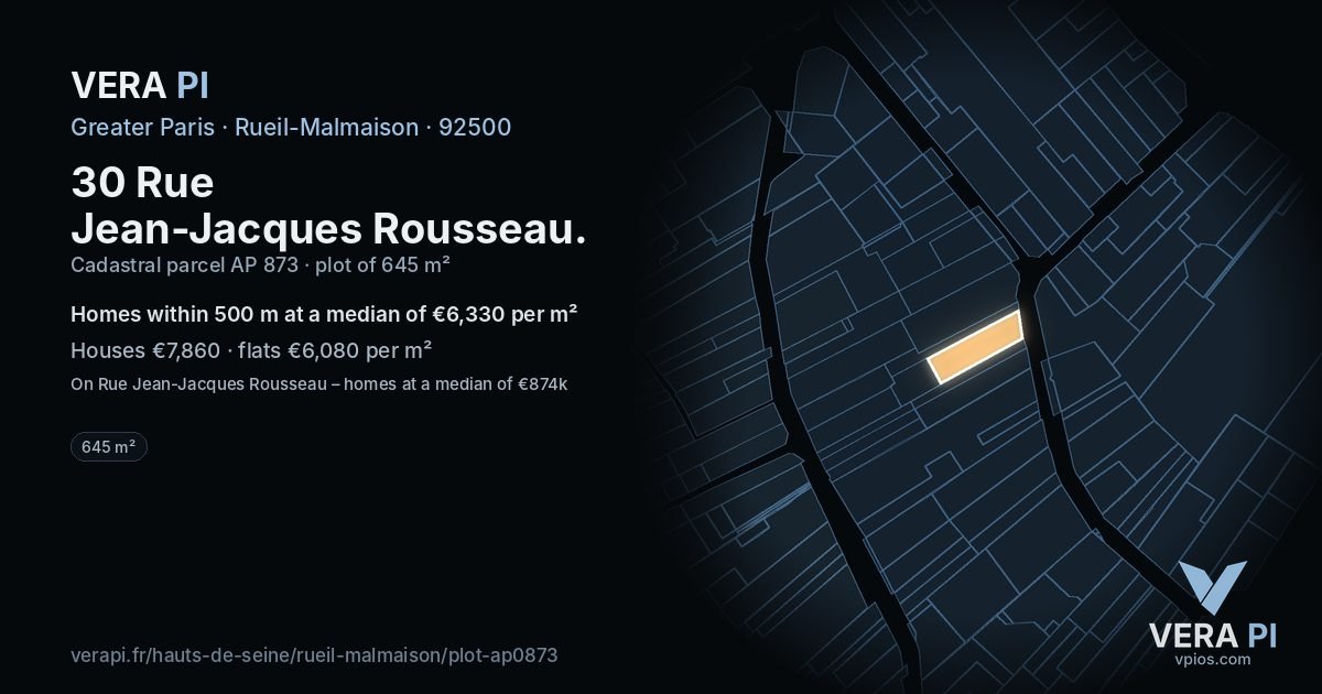 30 Rue Jean-Jacques Rousseau, Rueil-Malmaison at night – the plot lit, the parcels around coloured by the prices near them