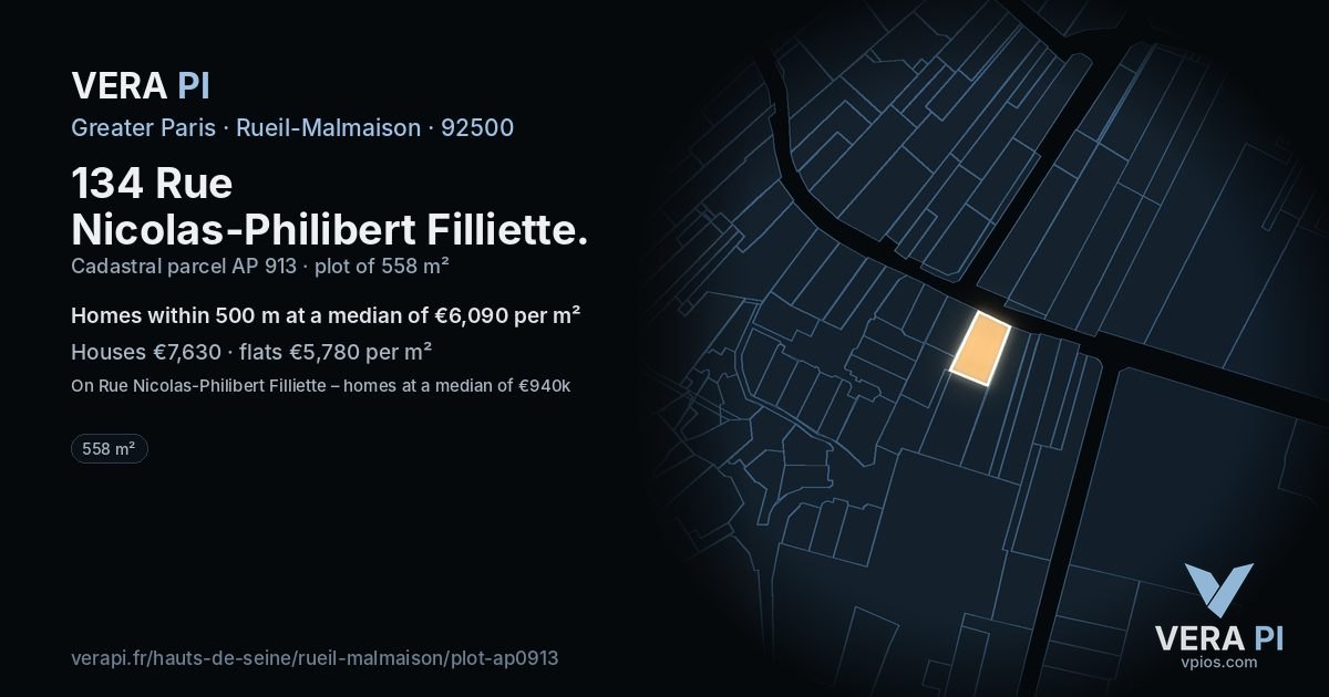 134 Rue Nicolas-Philibert Filliette, Rueil-Malmaison at night – the plot lit, the parcels around coloured by the prices near them