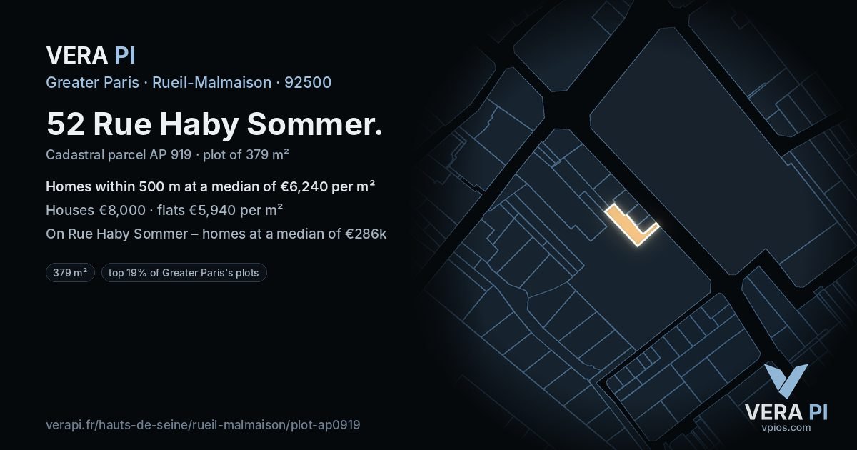 52 Rue Haby Sommer, Rueil-Malmaison at night – the plot lit, the parcels around coloured by the prices near them