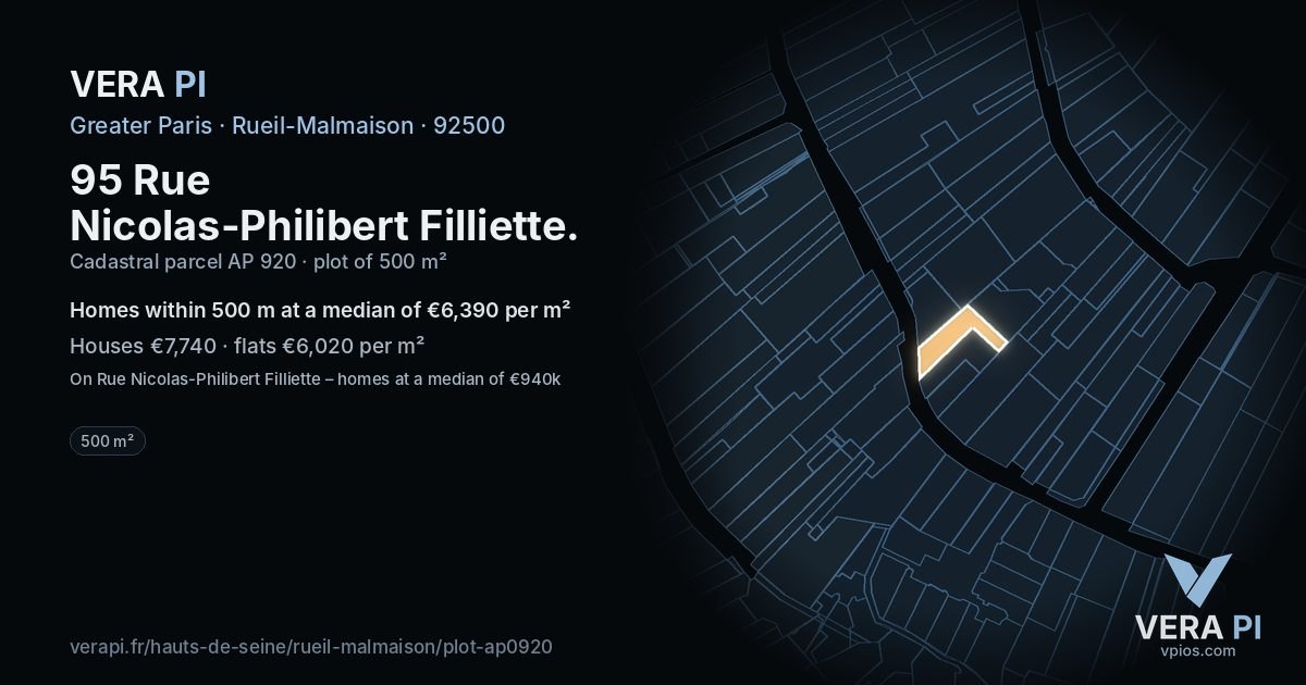 95 Rue Nicolas-Philibert Filliette, Rueil-Malmaison at night – the plot lit, the parcels around coloured by the prices near them