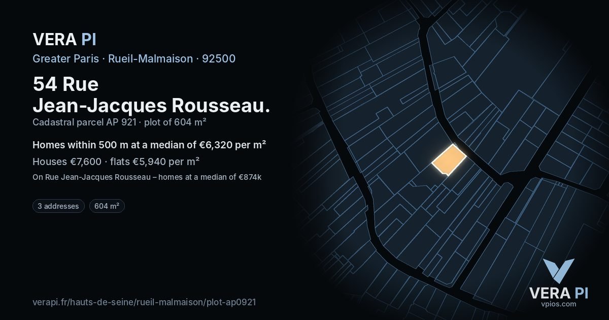 54 Rue Jean-Jacques Rousseau, Rueil-Malmaison at night – the plot lit, the parcels around coloured by the prices near them
