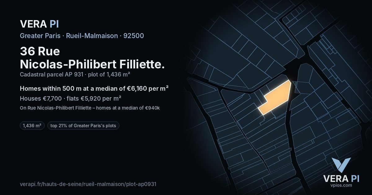 36 Rue Nicolas-Philibert Filliette, Rueil-Malmaison at night – the plot lit, the parcels around coloured by the prices near them