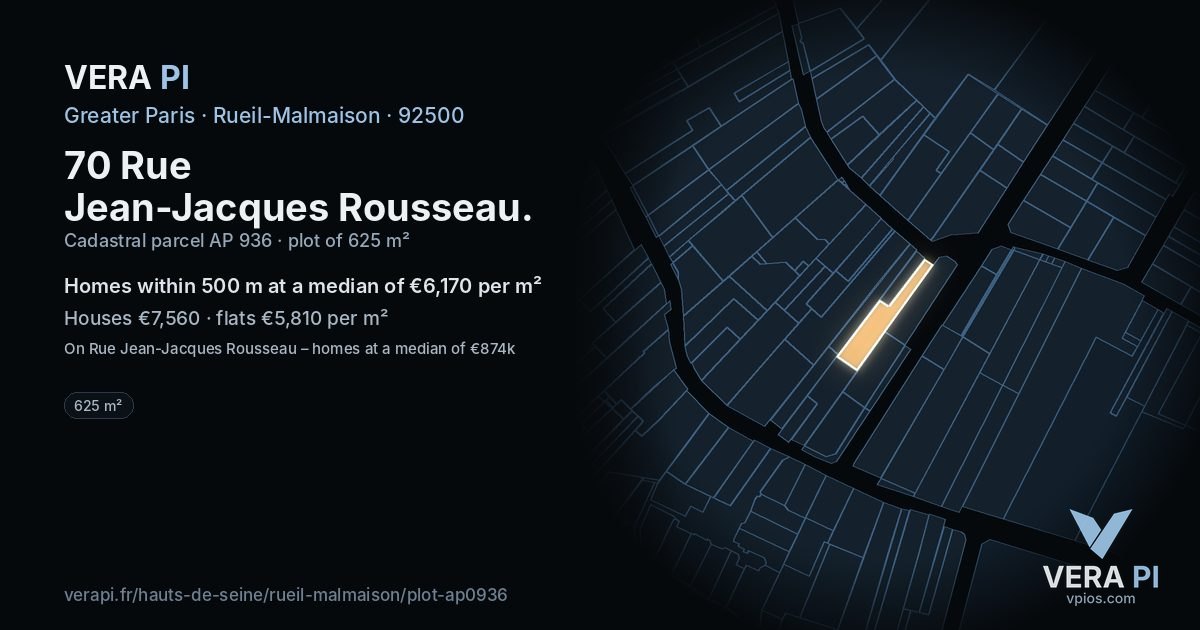 70 Rue Jean-Jacques Rousseau, Rueil-Malmaison at night – the plot lit, the parcels around coloured by the prices near them